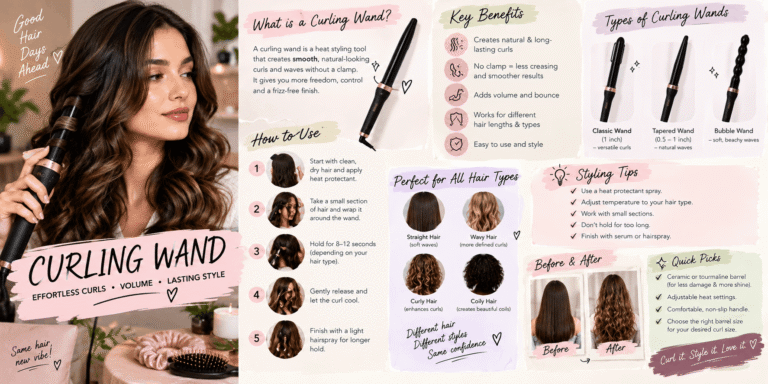 A wide beauty infographic featuring a woman styling her hair with a curling wand, different wand barrel types, five styling steps, heat-protection tips, curl ideas for different hair types and before-and-after hairstyle results.