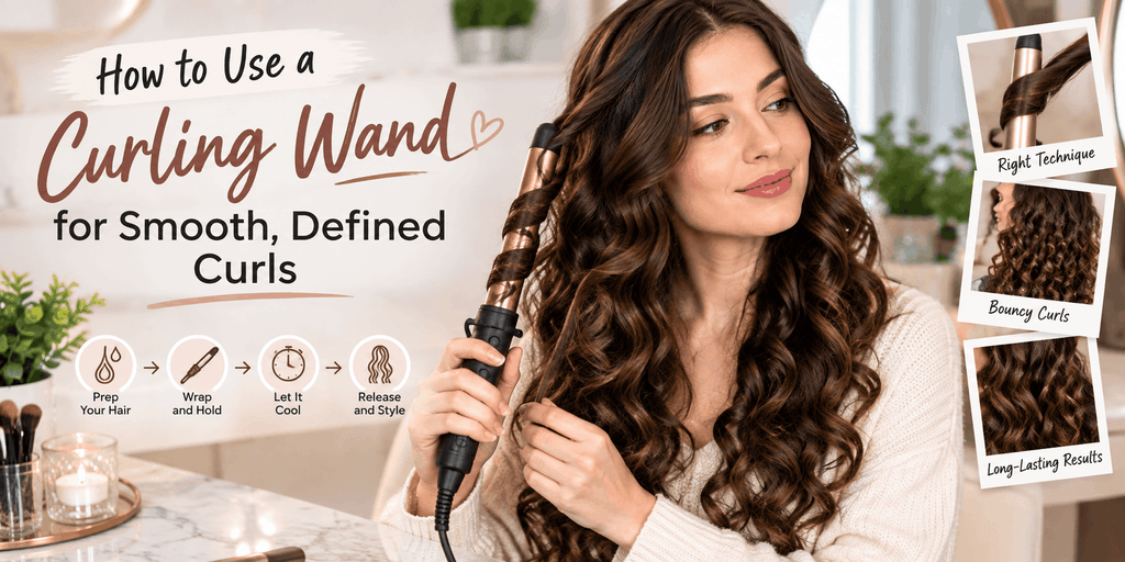 Woman using a curling wand to create smooth, shiny, defined curls on long brown hair.