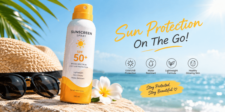 Sunscreen spray bottle with SPF 50+ on a sunny beach, styled with sunglasses, a straw hat, and tropical flowers.