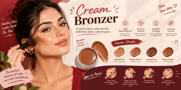 Cream bronzer beauty infographic featuring a woman applying bronzer with a makeup brush, cream bronzer product, four bronze shade swatches, and a step-by-step application guide on a red and beige background.