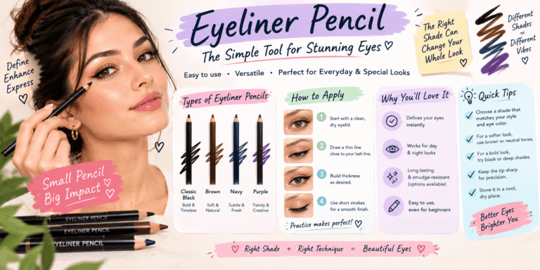 Eyeliner pencil guide covering eyeliner shades, application techniques, eye definition, and tips for creating natural or dramatic eye makeup looks.