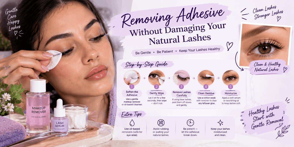 Lavender-themed lash care infographic showing a woman gently removing false eyelash adhesive with a cotton pad, makeup remover, lash serum, and step-by-step removal tips.