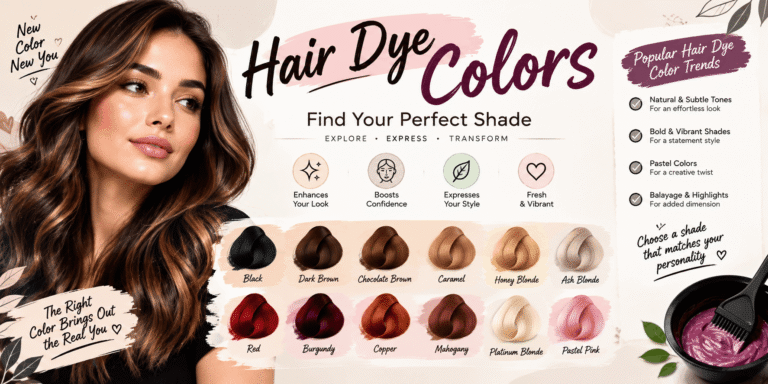 Hair dye colors guide covering natural brown, blonde, black, red, burgundy, copper, caramel, and trendy hair color shades.