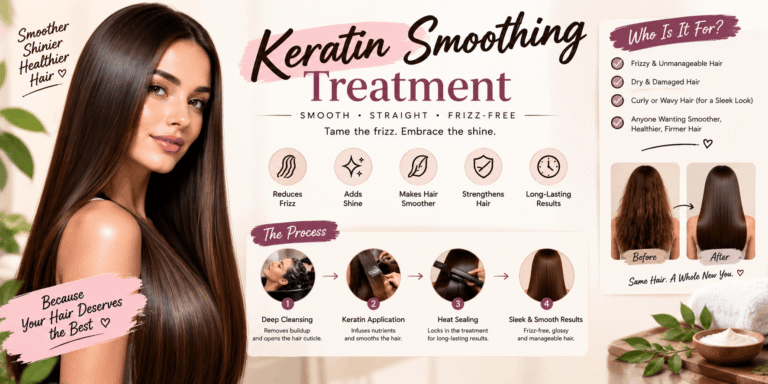 Keratin smoothing treatment for reducing frizz, improving hair manageability, enhancing shine, and achieving smoother-looking hair.