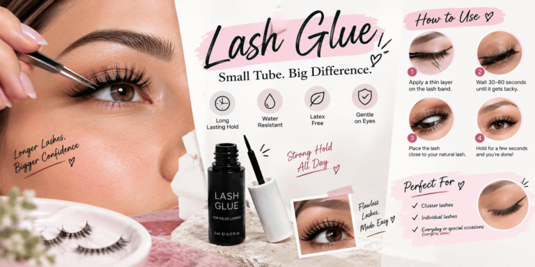 Lash glue infographic featuring a close-up of false eyelash application, black lash adhesive, application steps, and dramatic eye makeup results.