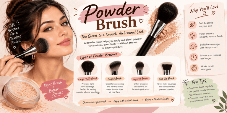 Powder brush guide covering brush types, powder application techniques, blending methods, and tips for achieving a smooth, even makeup finish.