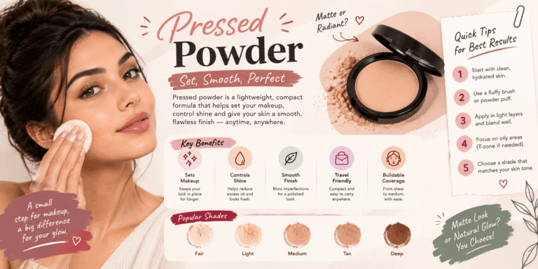 Pressed powder makeup guide explaining its benefits, application techniques, coverage options, and how to achieve a smooth, long-lasting makeup finish.