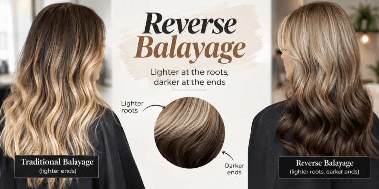 Reverse balayage hair color technique, blending lighter tones with deeper shades for a natural, dimensional finish.
