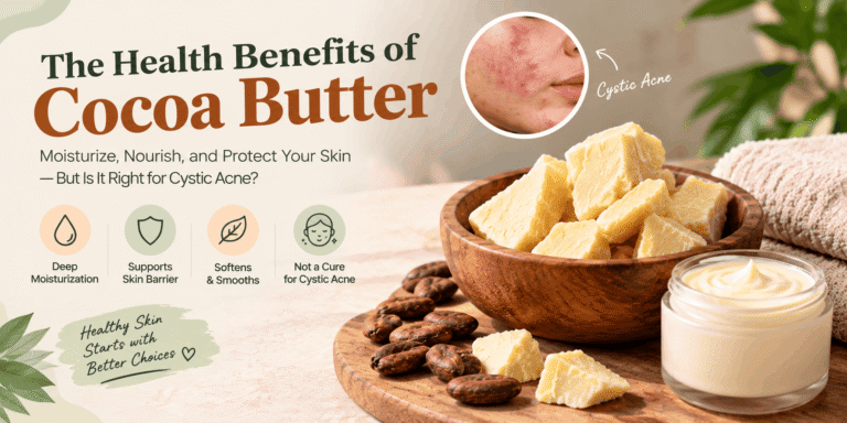 Cocoa butter benefits for skin, featuring cocoa butter chunks, cocoa beans, moisturizing cream, and information about cystic acne.