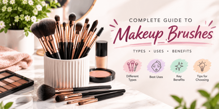 Complete guide to makeup brushes showing different brush types, uses, benefits, and tips for choosing the right makeup brushes.