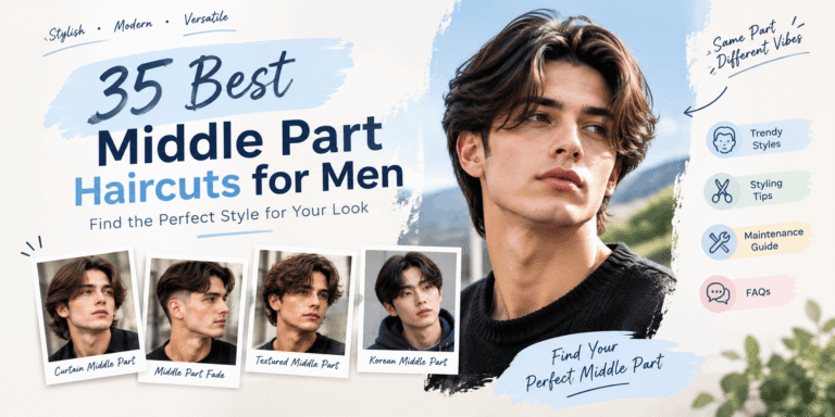 Featured image of middle part haircuts for men, showcasing curtain hairstyles, middle part fades, textured hair, and Korean-inspired hairstyles.