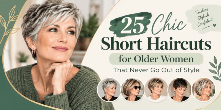 Older woman with a silver pixie haircut wearing an olive green sweater, alongside examples of stylish short haircuts for mature women.