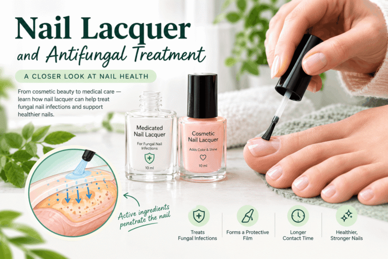 Nail lacquer and antifungal treatment illustration showing medicated and cosmetic nail lacquer, nail application, and how antifungal ingredients penetrate the nail plate.