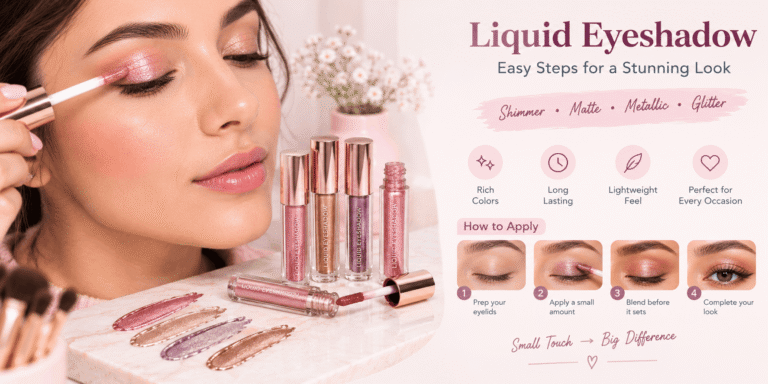 Woman applying pink liquid eyeshadow with a step-by-step eye makeup tutorial featuring rose, bronze, and mauve shades.
